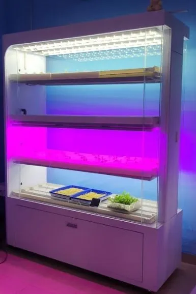 An Akar modular indoor farming cabinet glowing with LED grow lights